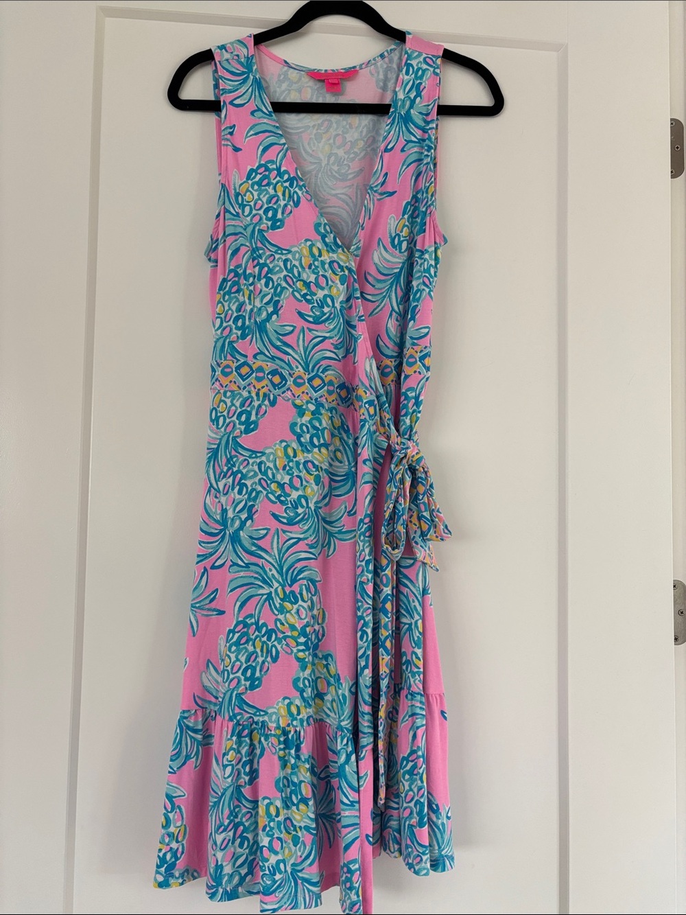 Sleeveless Pink Wrap Midi Dress with Teal Pineapple Print